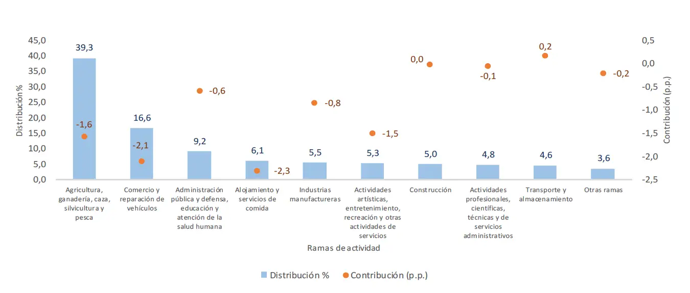 Distribución porcentual y contribución de la población ocupada según rama de actividad en el Huila.