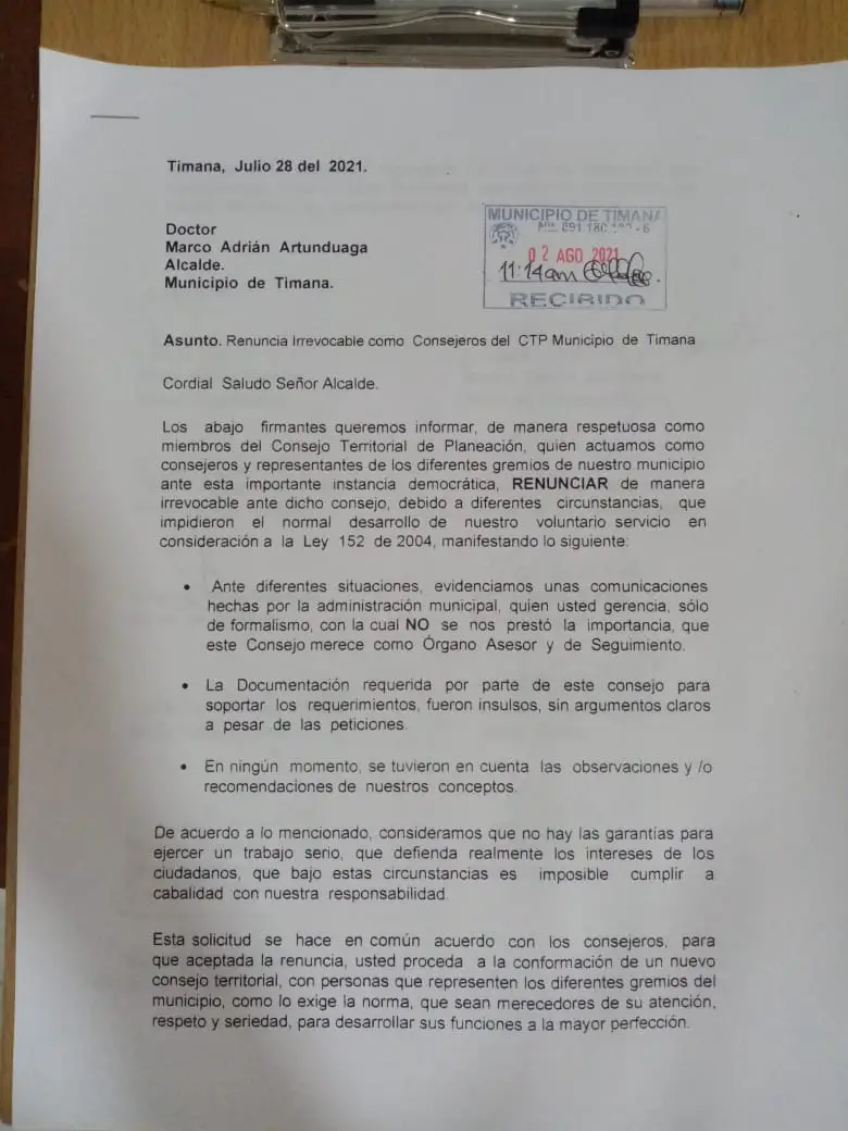 Miembros del CTP presentaron renuncia al alcalde de Timaná