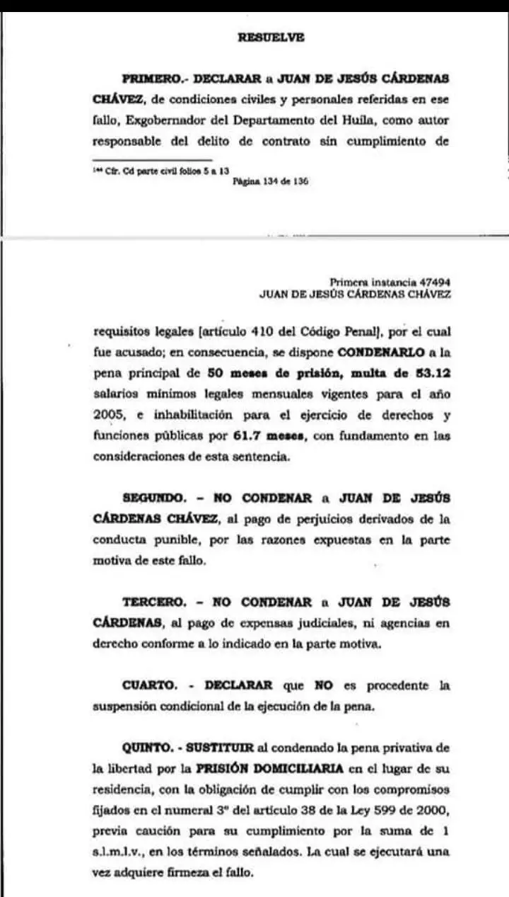 Condenan al exgobernador del Huila Juan de Jesús Cárdenas