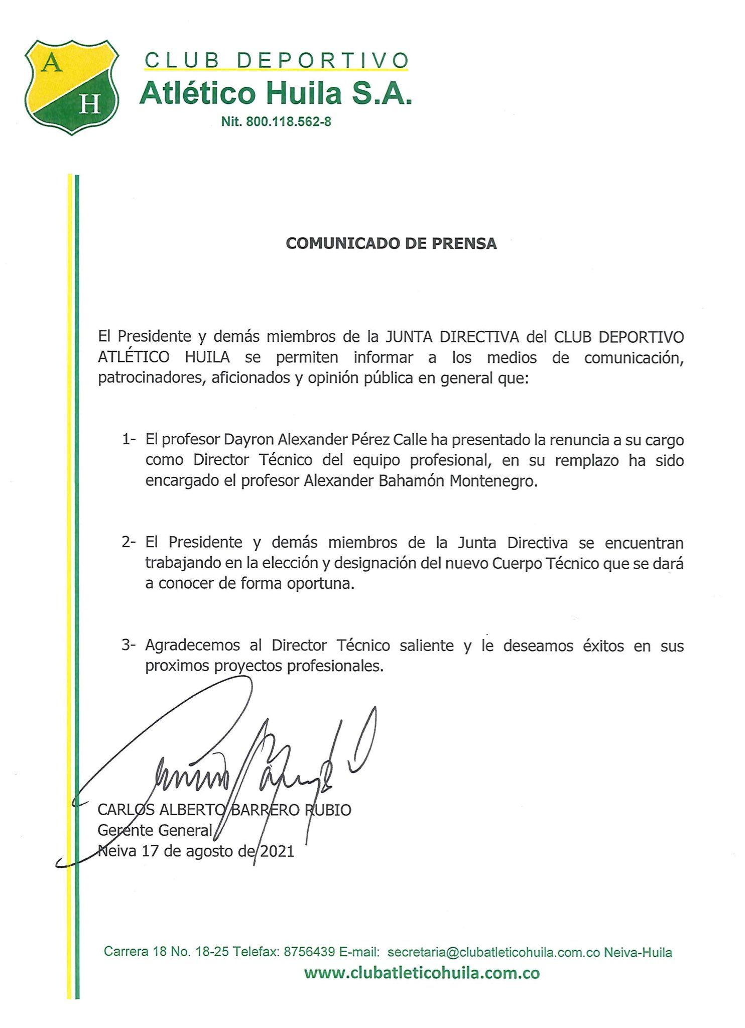 Dayron Pérez renunció a la dirección técnica Atlético Huila